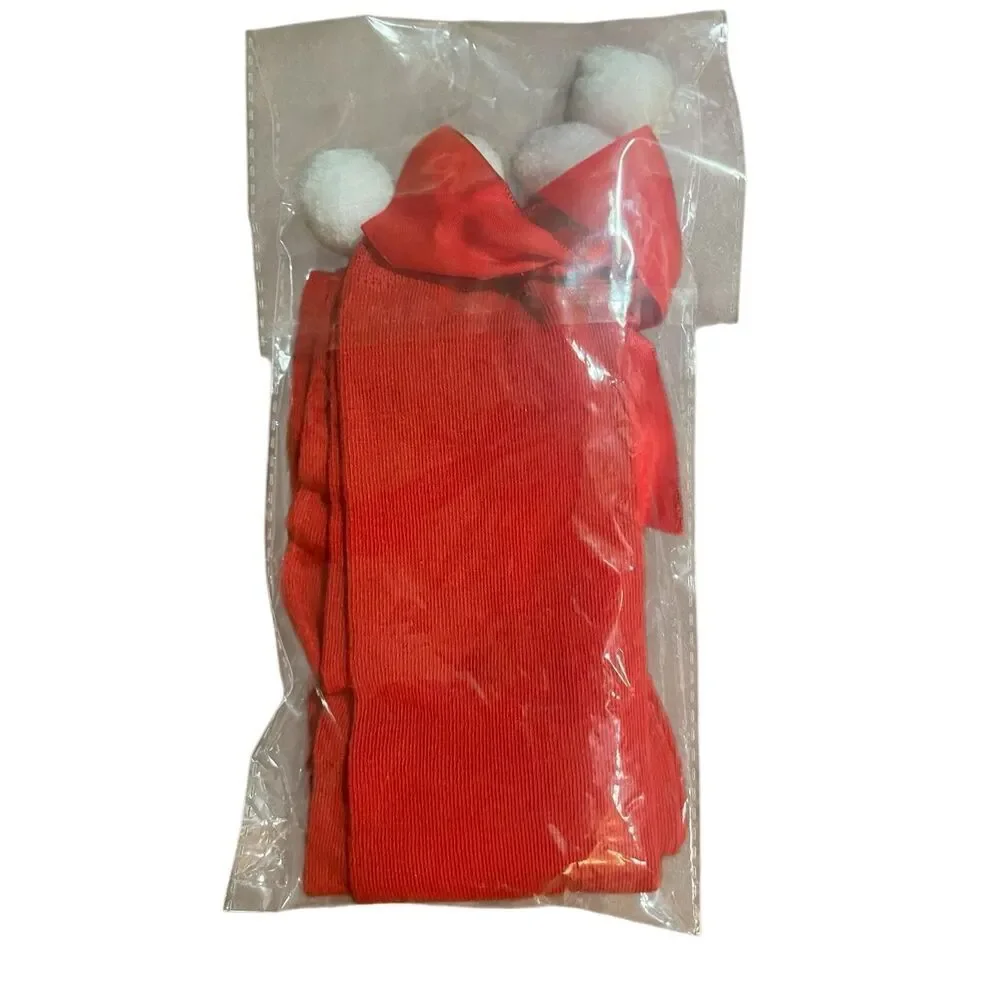 Christmas Solid Red Over-the-Knee Socks With Bow & Pom Poms